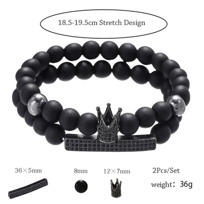 Cross-border jewelry 8mm black matte wear zircon crown long elastic set bracelet bracelet men's accessories