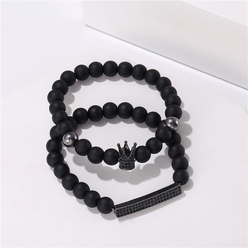 Cross-border jewelry 8mm black matte wear zircon crown long elastic set bracelet bracelet men's accessories