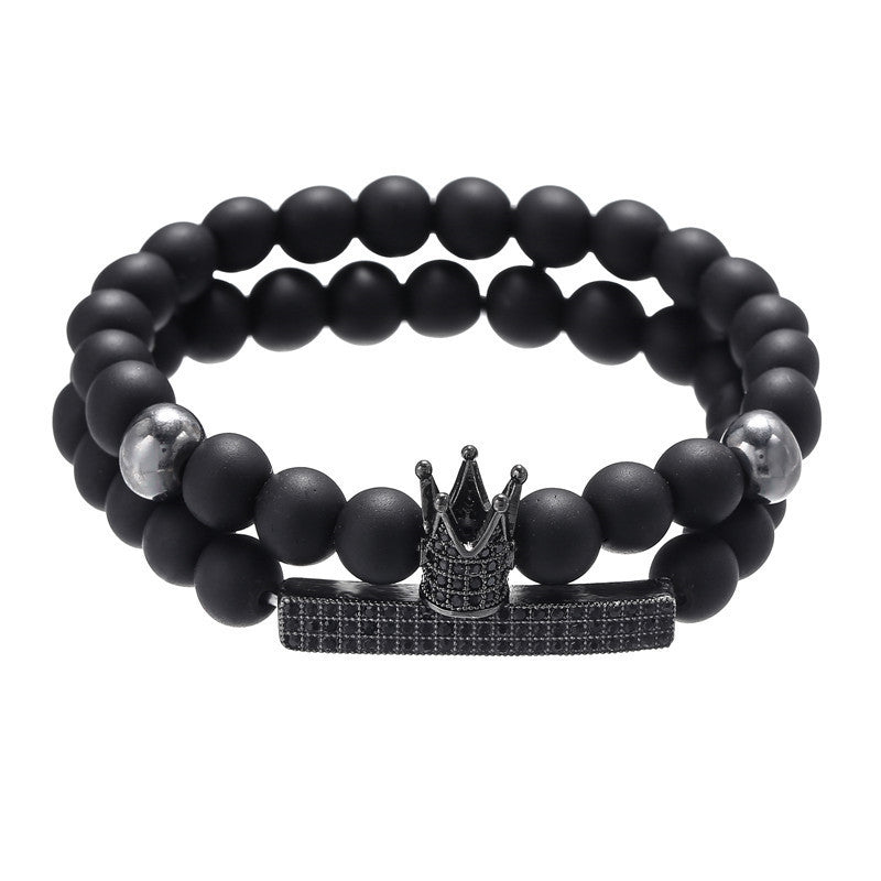 Cross-border jewelry 8mm black matte wear zircon crown long elastic set bracelet bracelet men's accessories