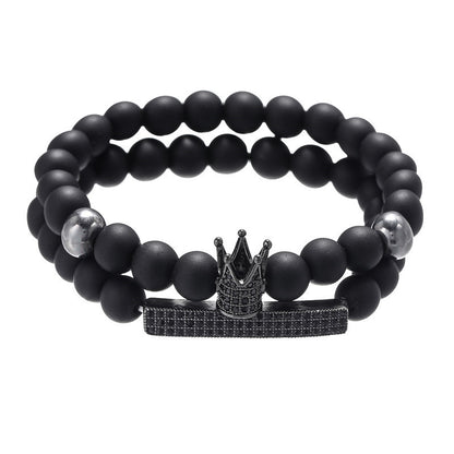 Cross-border jewelry 8mm black matte wear zircon crown long elastic set bracelet bracelet men's accessories