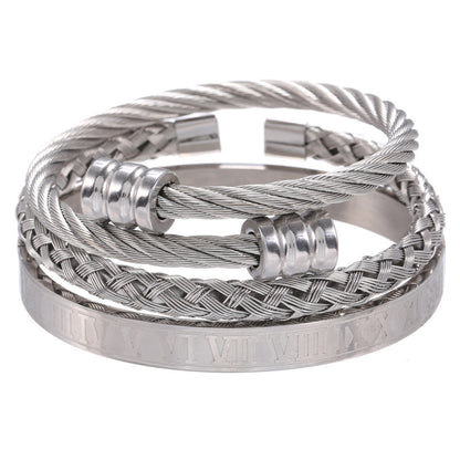 Cross-border European and American retro Roman nail bracelet stainless steel set bracelet men's punk style versatile titanium steel bracelet