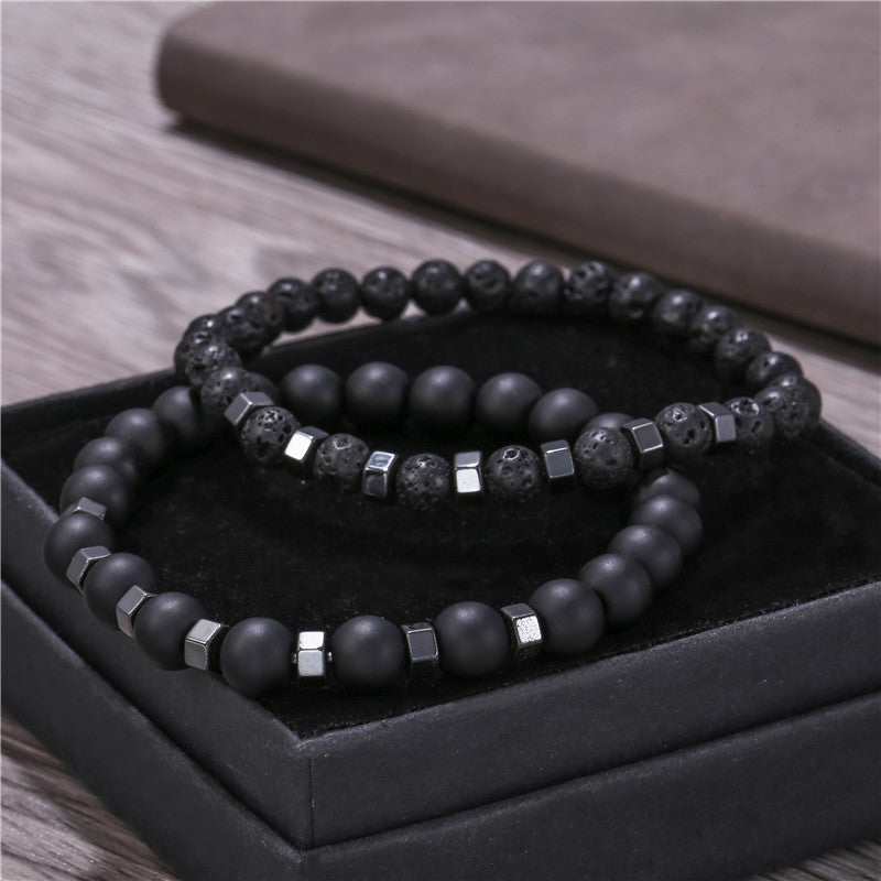 6mm8mm black matte lava volcanic stone through black gallstone bead spacer elastic bracelet set bracelet men