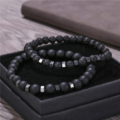 6mm8mm black matte lava volcanic stone through black gallstone bead spacer elastic bracelet set bracelet men