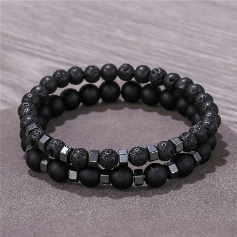6mm8mm black matte lava volcanic stone through black gallstone bead spacer elastic bracelet set bracelet men