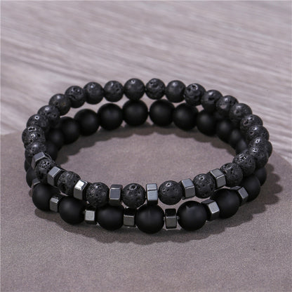 6mm8mm black matte lava volcanic stone through black gallstone bead spacer elastic bracelet set bracelet men