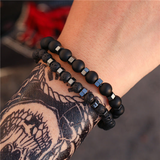 6mm8mm black matte lava volcanic stone through black gallstone bead spacer elastic bracelet set bracelet men
