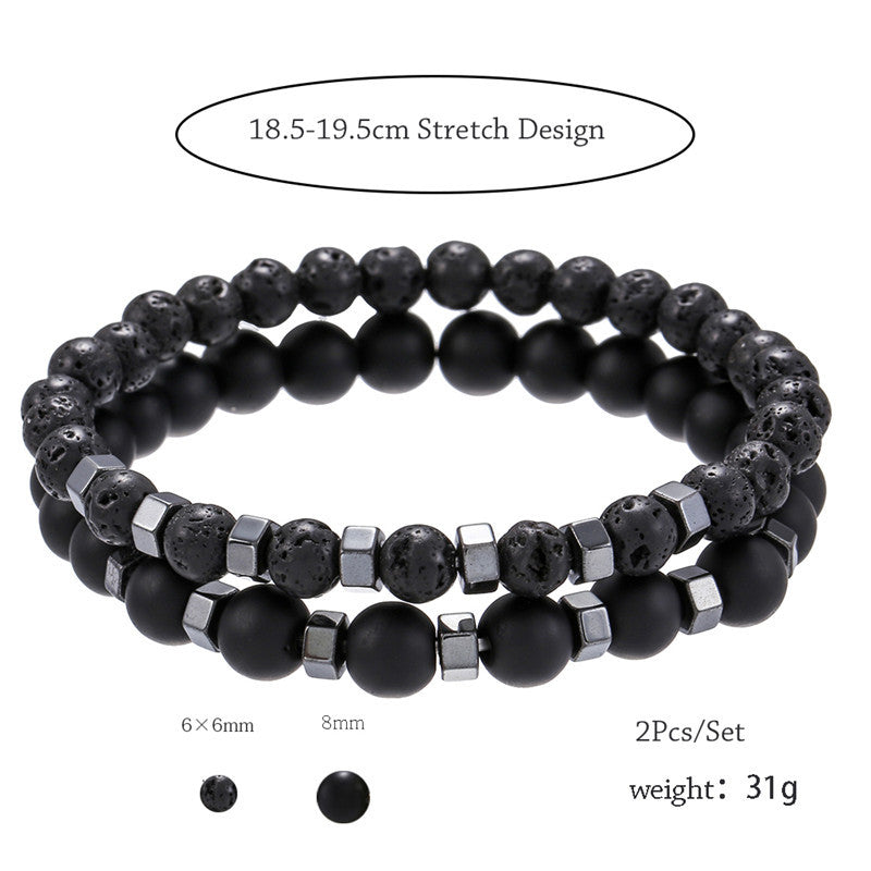 6mm8mm black matte lava volcanic stone through black gallstone bead spacer elastic bracelet set bracelet men