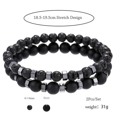 6mm8mm black matte lava volcanic stone through black gallstone bead spacer elastic bracelet set bracelet men