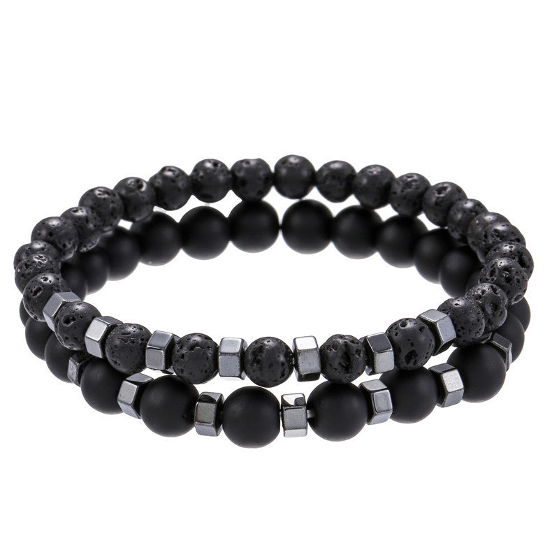 6mm8mm black matte lava volcanic stone through black gallstone bead spacer elastic bracelet set bracelet men