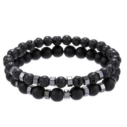 6mm8mm black matte lava volcanic stone through black gallstone bead spacer elastic bracelet set bracelet men
