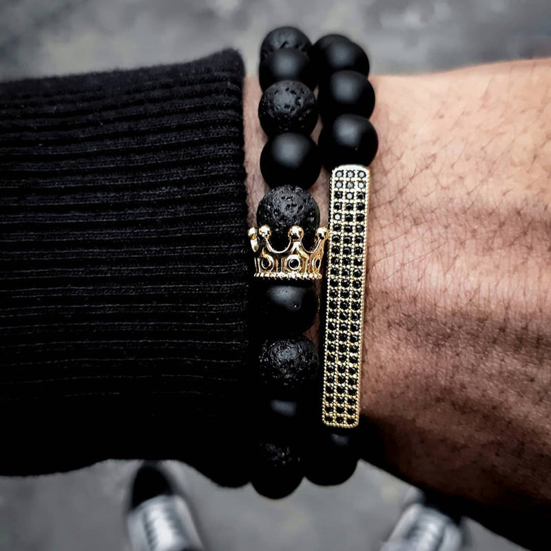 Cross-border jewelry, black frosted stone, lava stone mixed with zircon, small crown, long strip set, bracelet, bracelet set.