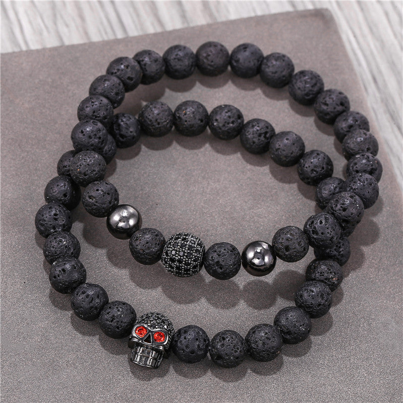 Amazon Punk Bracelet, Microencrusted Zircon Diamond Ball Skull Set Bracelet Men's Volcanic Stone Bead Bracelet