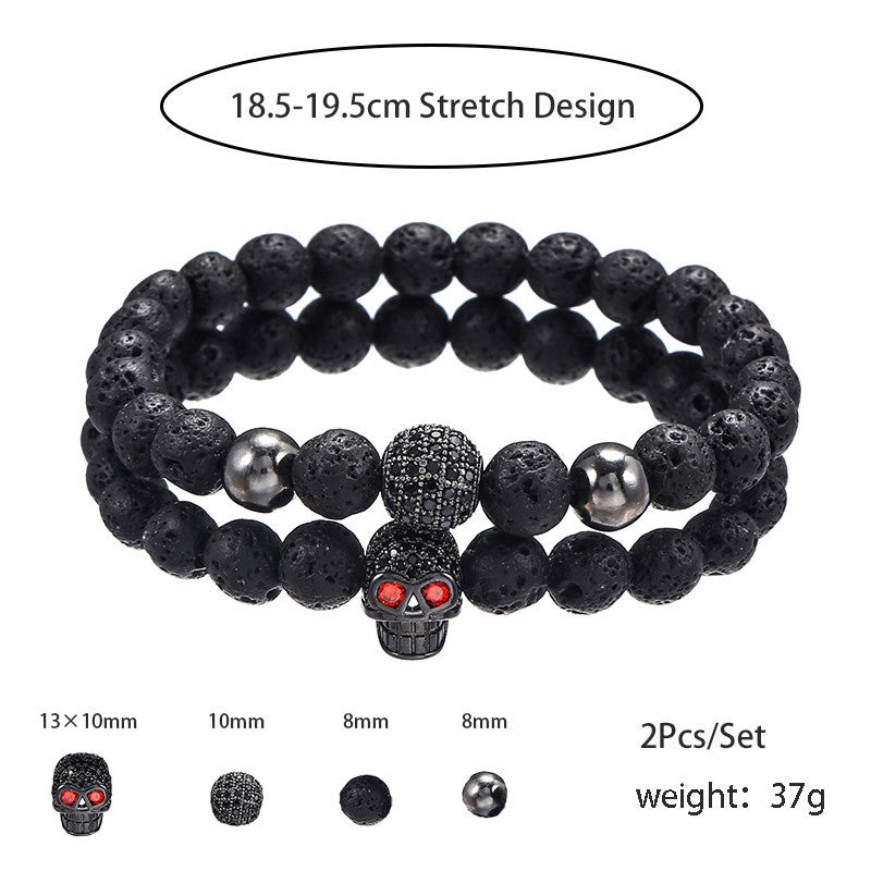 Amazon Punk Bracelet, Microencrusted Zircon Diamond Ball Skull Set Bracelet Men's Volcanic Stone Bead Bracelet