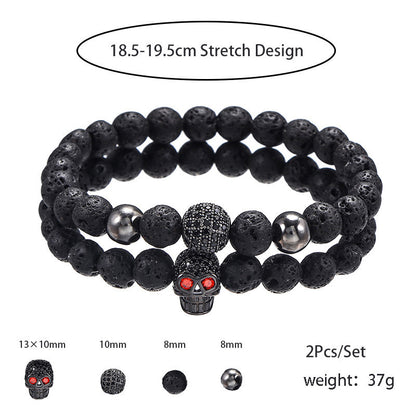 Amazon Punk Bracelet, Microencrusted Zircon Diamond Ball Skull Set Bracelet Men's Volcanic Stone Bead Bracelet