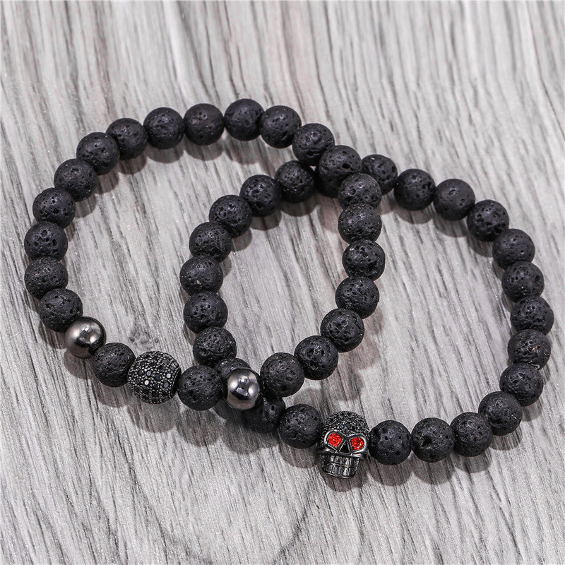 Amazon Punk Bracelet, Microencrusted Zircon Diamond Ball Skull Set Bracelet Men's Volcanic Stone Bead Bracelet