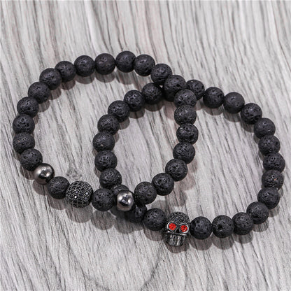 Amazon Punk Bracelet, Microencrusted Zircon Diamond Ball Skull Set Bracelet Men's Volcanic Stone Bead Bracelet