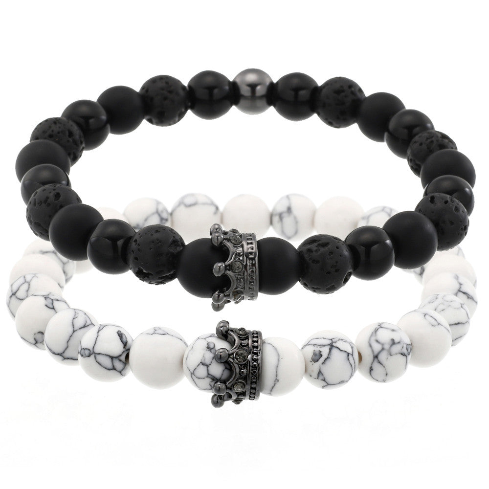 Cross-border hot-selling couple bracelet combination, turquoise volcanic stone black diamond mixed wear diamond crown bracelet set