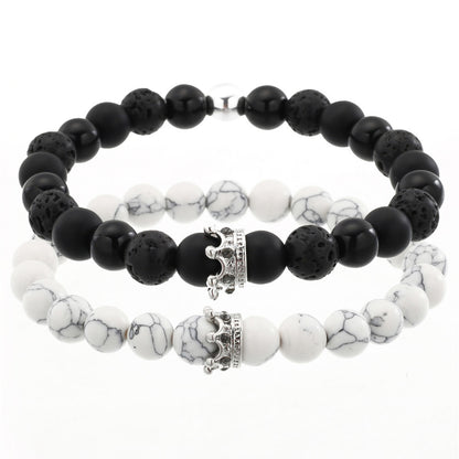 Cross-border hot-selling couple bracelet combination, turquoise volcanic stone black diamond mixed wear diamond crown bracelet set