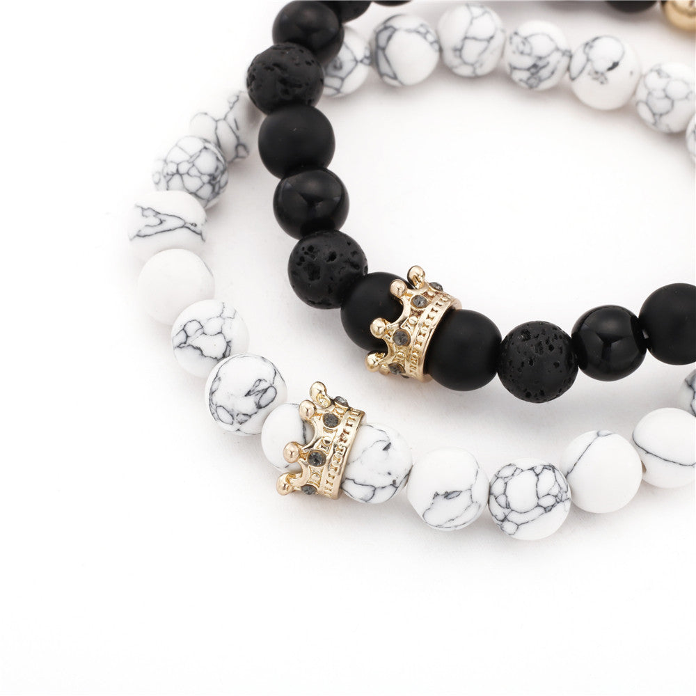 Cross-border hot-selling couple bracelet combination, turquoise volcanic stone black diamond mixed wear diamond crown bracelet set