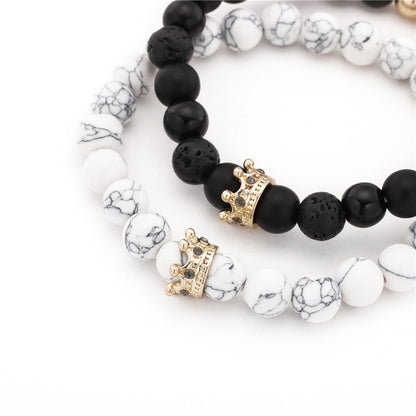 Cross-border hot-selling couple bracelet combination, turquoise volcanic stone black diamond mixed wear diamond crown bracelet set