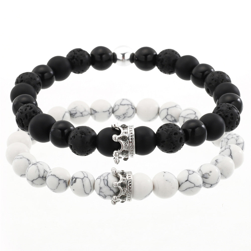 Cross-border hot-selling couple bracelet combination, turquoise volcanic stone black diamond mixed wear diamond crown bracelet set