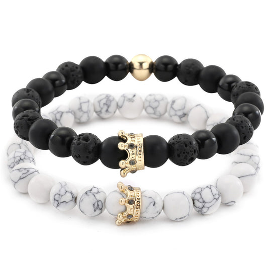 Cross-border hot-selling couple bracelet combination, turquoise volcanic stone black diamond mixed wear diamond crown bracelet set