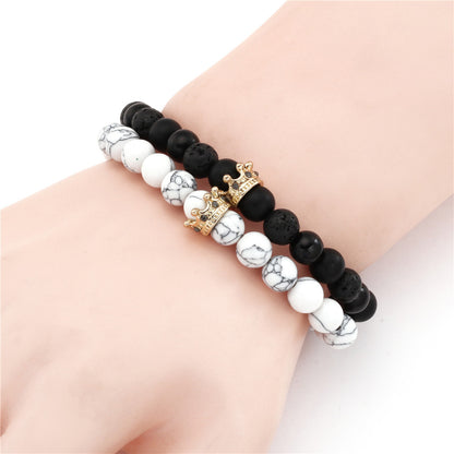 Cross-border hot-selling couple bracelet combination, turquoise volcanic stone black diamond mixed wear diamond crown bracelet set