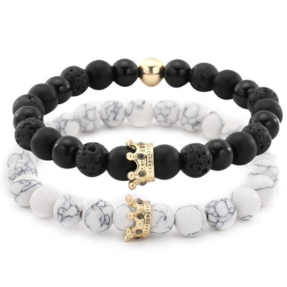 Cross-border hot-selling couple bracelet combination, turquoise volcanic stone black diamond mixed wear diamond crown bracelet set