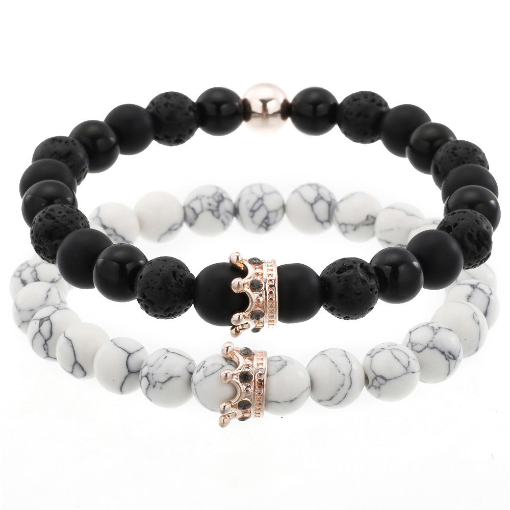 Cross-border hot-selling couple bracelet combination, turquoise volcanic stone black diamond mixed wear diamond crown bracelet set