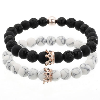 Cross-border hot-selling couple bracelet combination, turquoise volcanic stone black diamond mixed wear diamond crown bracelet set