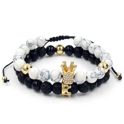 Fashion Versatile Energy Stone Turquoise Braided High Crown White Diamond Mixed Wear Small Crown Set Bracelet Bracelet