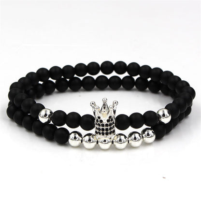 European and American exaggerated 6mm black matte copper bead bracelet, micro-inlaid zircon crown bracelet, set wholesale
