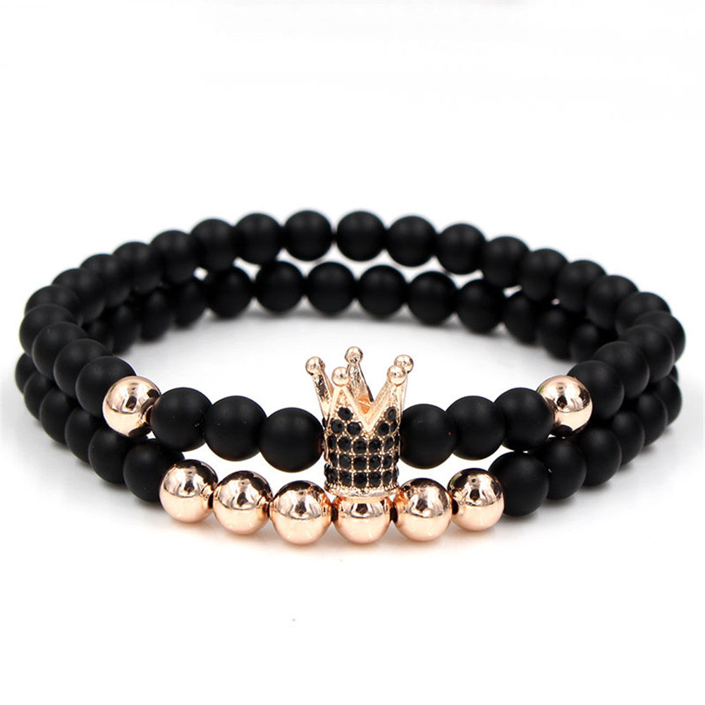 European and American exaggerated 6mm black matte copper bead bracelet, micro-inlaid zircon crown bracelet, set wholesale
