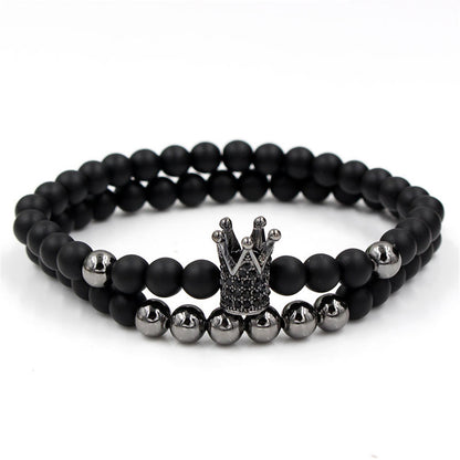 European and American exaggerated 6mm black matte copper bead bracelet, micro-inlaid zircon crown bracelet, set wholesale