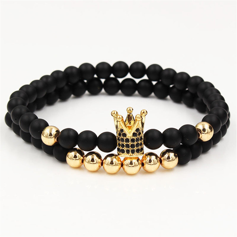European and American exaggerated 6mm black matte copper bead bracelet, micro-inlaid zircon crown bracelet, set wholesale