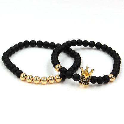 European and American exaggerated 6mm black matte copper bead bracelet, micro-inlaid zircon crown bracelet, set wholesale