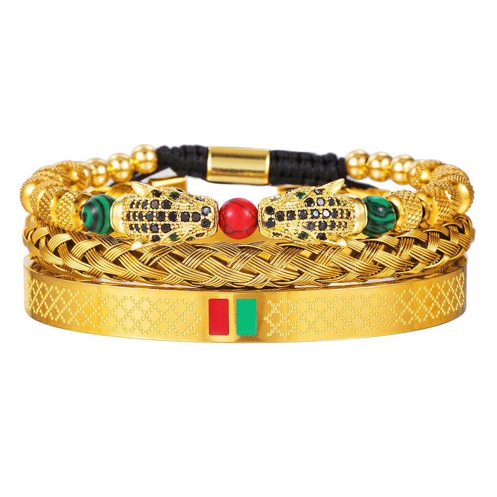 Cross-border hot-selling stainless steel zircon leopard head woven bracelet bracelet combination, fashionable C-shaped titanium steel bracelet