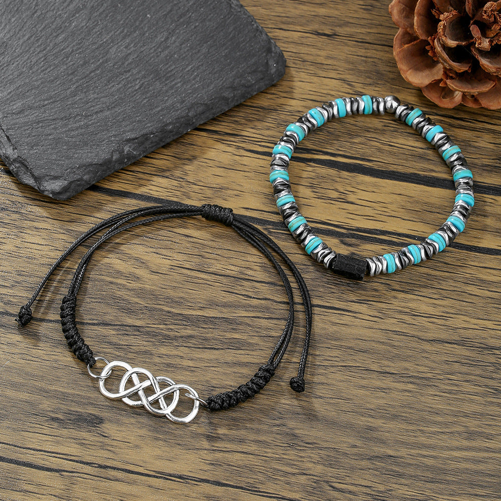Cross-border personalized trend American double-layer stacked bracelet, black gallstone volcanic stone jewelry set, versatile men's bracelet.