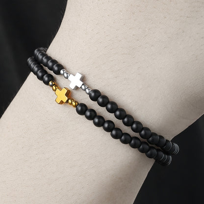 Ins Internet celebrity style men's black gallstone bracelet combination niche design cross stacked wearing hip hop bracelet bracelet women