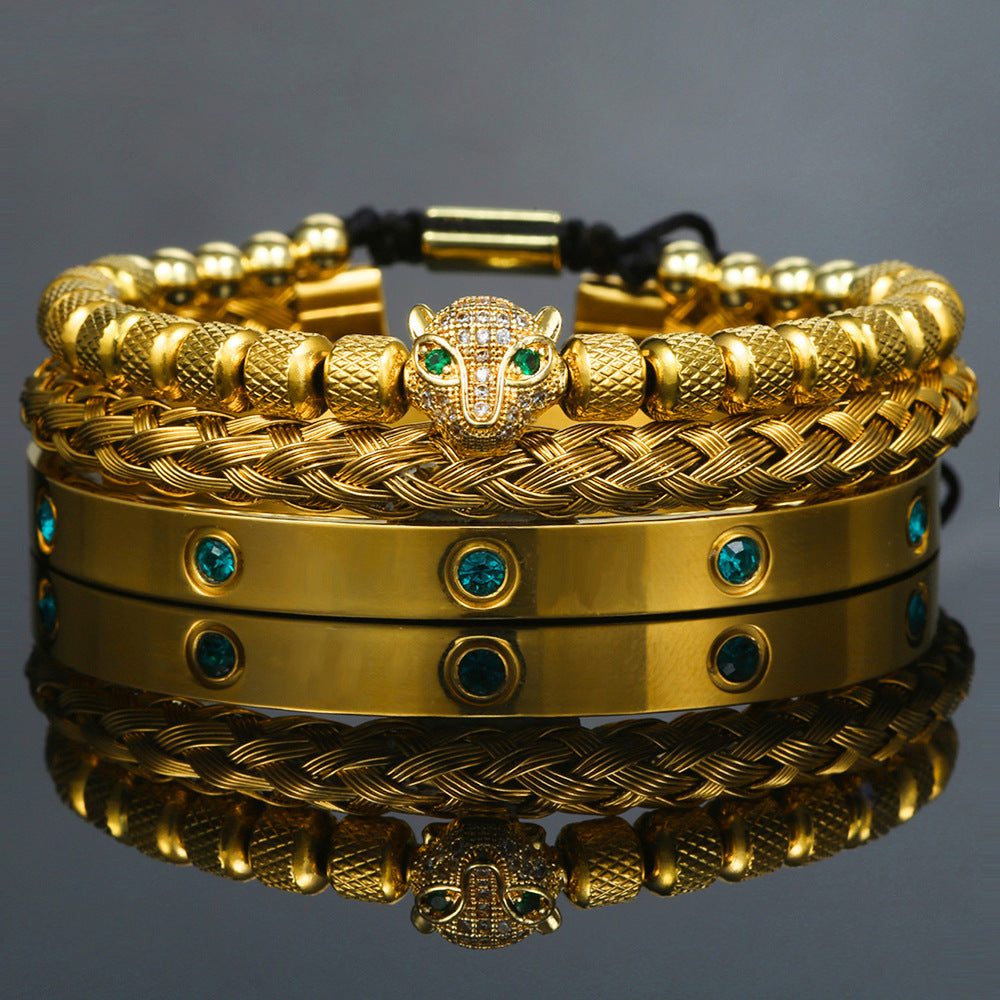 European and American retro versatile zircon leopard head woven bracelet Roman letter woven stainless steel mesh bracelet set