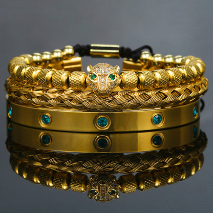 European and American retro versatile zircon leopard head woven bracelet Roman letter woven stainless steel mesh bracelet set