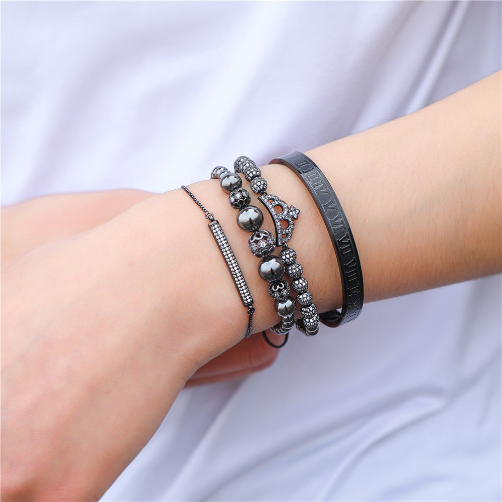 Copper micro-inlaid zircon double leopard head black agate woven bracelet men's stainless steel Roman bracelet stacked bracelet combination