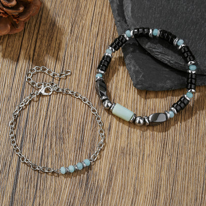 Natural stone and wood bead bracelet men's black matte beaded adjustable chain bracelet multi-layer stacked men's bracelet combination