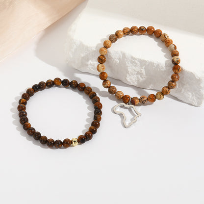 Cross-border hot-selling stainless steel Africa map jewelry, simple and versatile 8mm picture tiger's eye elastic bracelet set