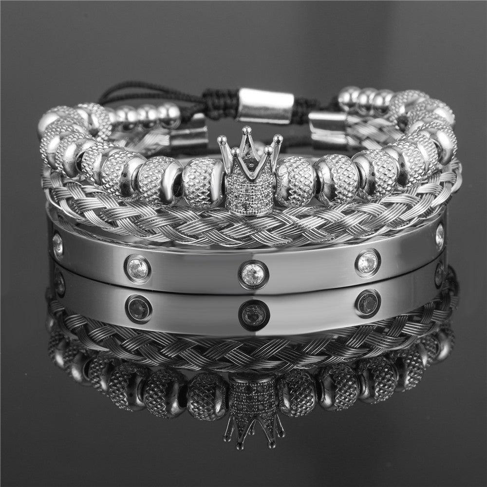 Copper micro-inlaid zircon double leopard head black agate woven bracelet men's stainless steel Roman bracelet stacked bracelet combination