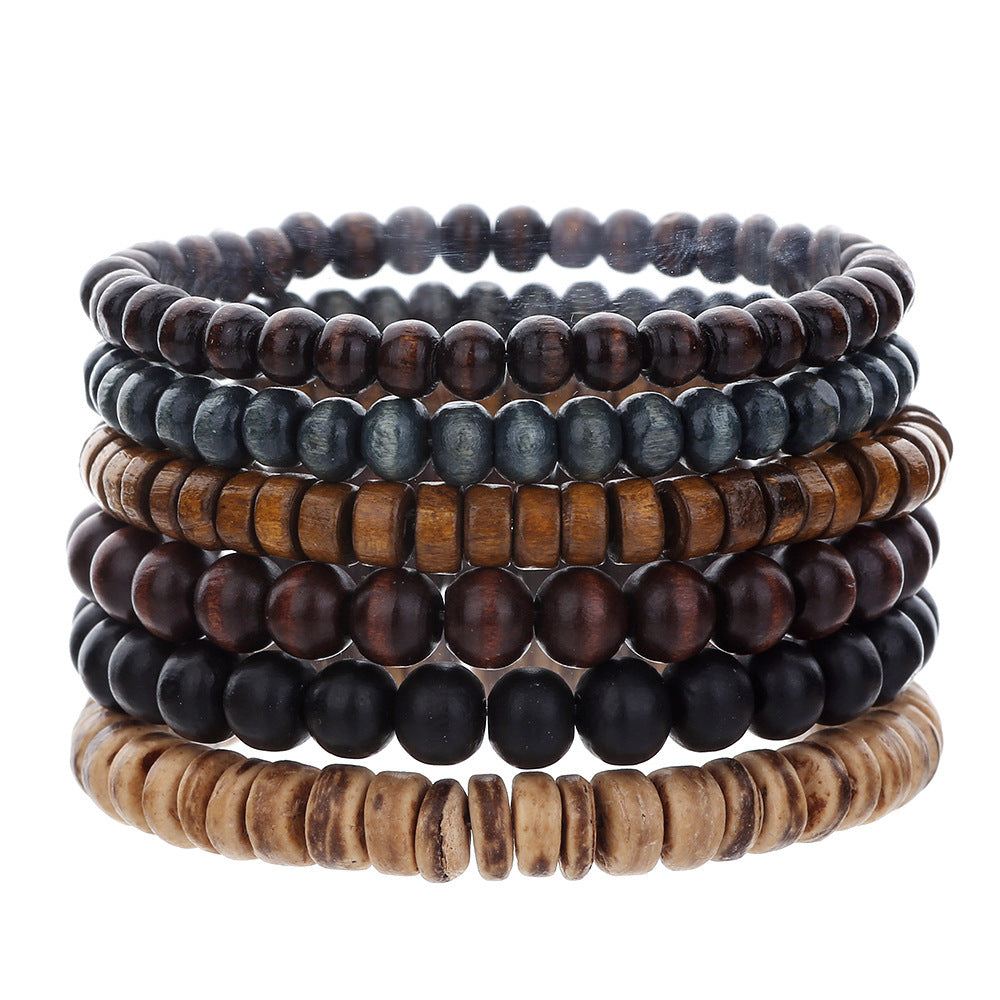 European, American Bohemian style literary and retro multi-piece wooden bead bracelet simple and versatile men's multi-layer wooden bead bracelet