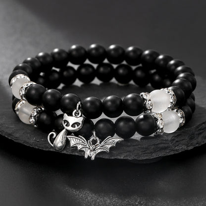 Niche design black matte couple bracelet, elastic bead cat bat pendant, stackable bracelet to give to girlfriend