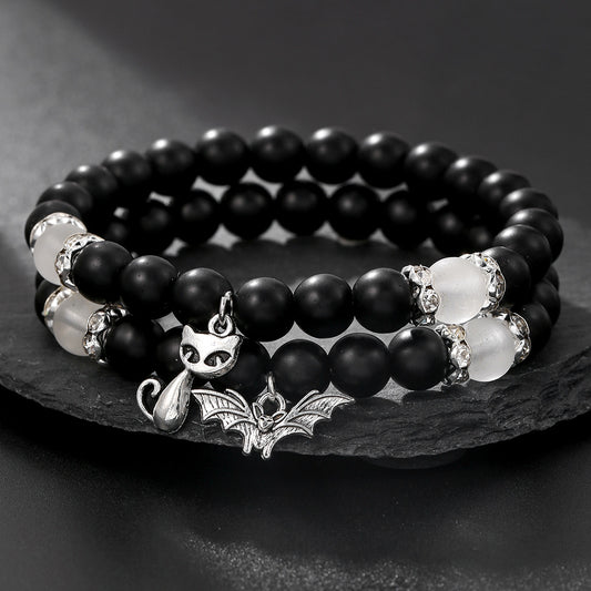 Niche design black matte couple bracelet, elastic bead cat bat pendant, stackable bracelet to give to girlfriend