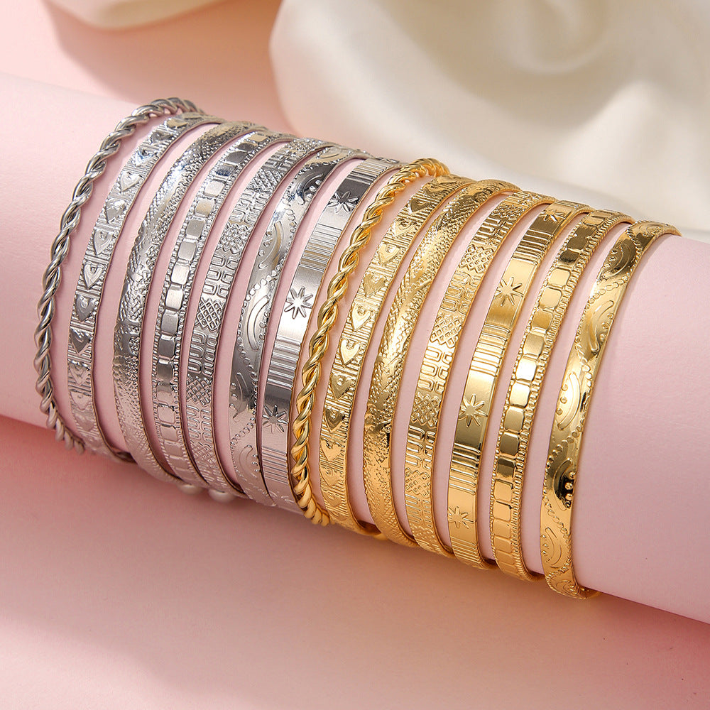 Bohemian knock pattern arrow rhombus pattern exaggerated personality hexagram twist opening bracelet 7-piece set
