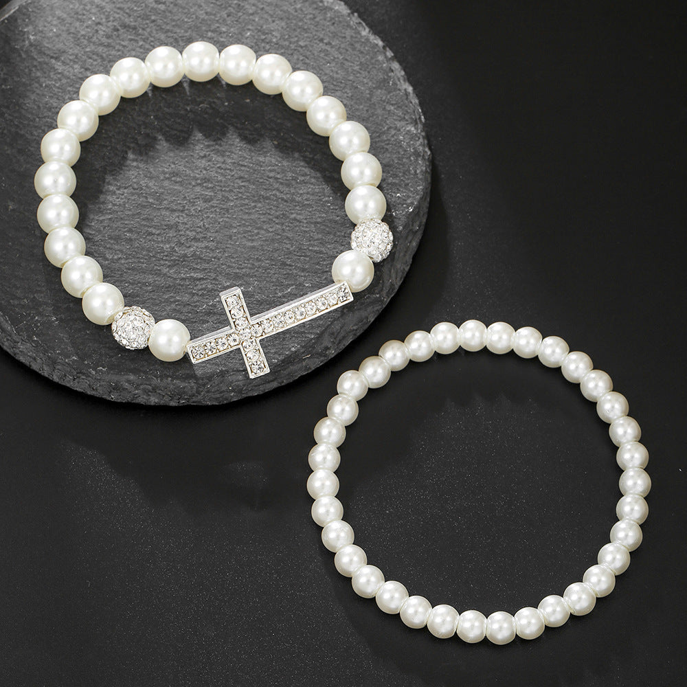 Cross-border hot-selling imitation pearl diamond cross diamond ball bracelet combination cold wind advanced sense personalized wedding bracelet